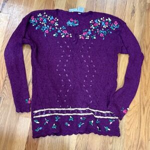 Capacity Vintage Purple Silk Blend Floral Ribbon Embroidered Sweater Small